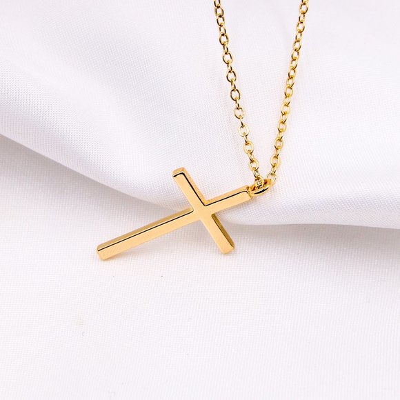 Gold Plated Simple Religious Smooth Cross Pendant Necklace Unisex - Picture 2 of 7